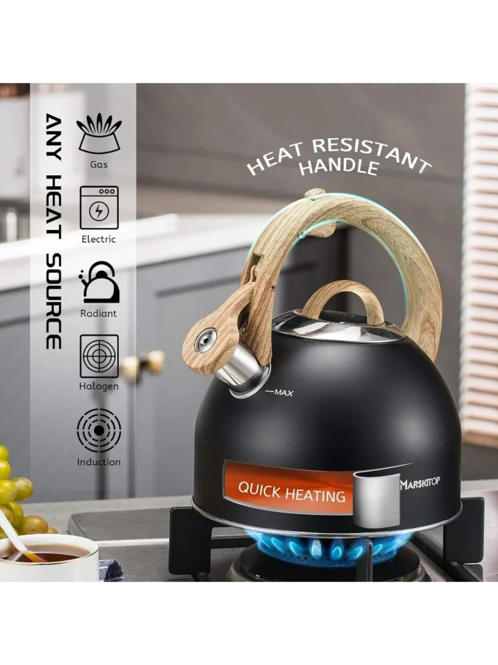 Matte Black Stainless Steel Whistling Tea Kettles 2.6QT Stovetop Cookware Pot